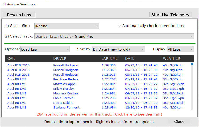 Z1 Analyzer Select Lap Dialog