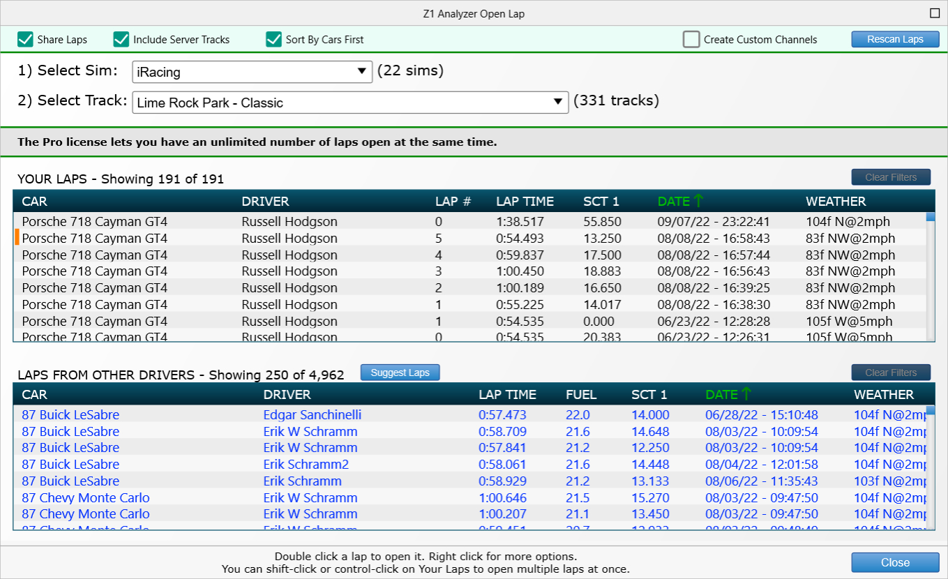 Z1 Analyzer Select Lap Dialog