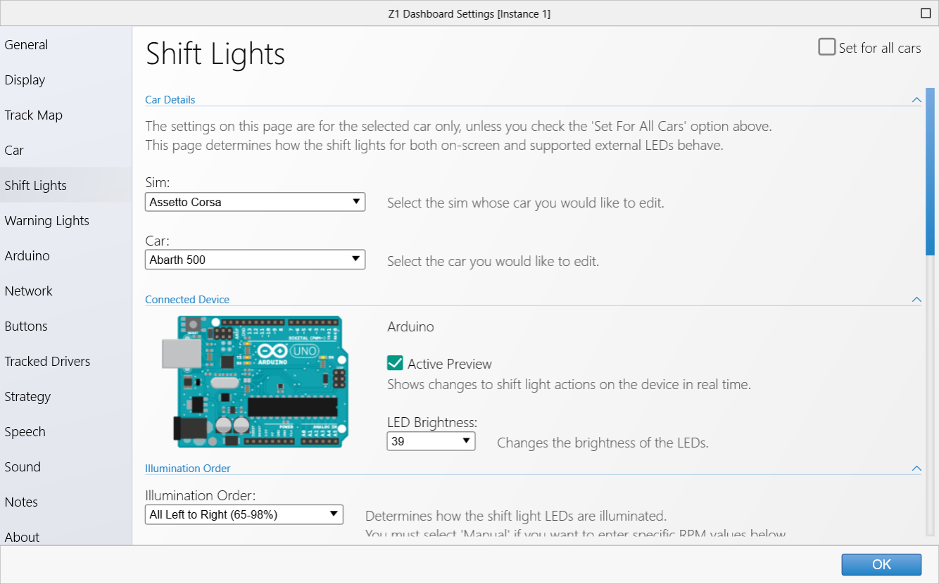 Z1 Dashboard Shift Light Settings